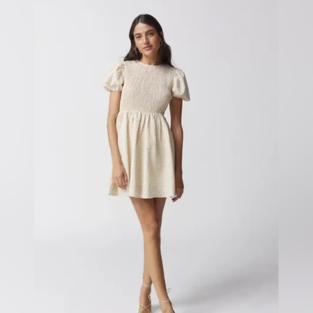 Tan Pleated gingham Mini Dress